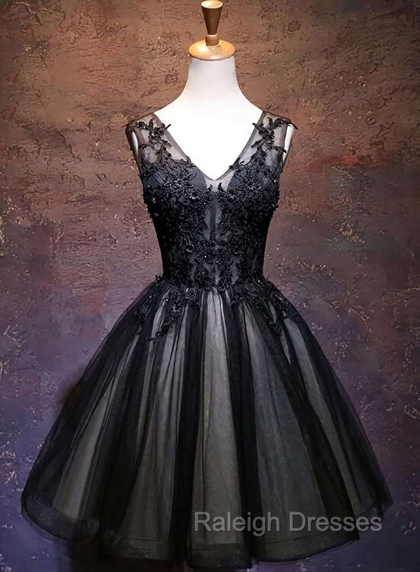 Adorable Black V-neckline Lace and Tulle Party Dress, Short Prom Dress