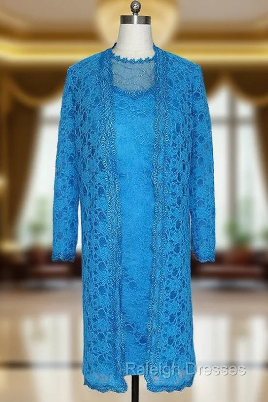 Adorable Blue Lace Knee Length Mother of the Bride Dresses Sheer with 3/4 Sleeves Long Jacket