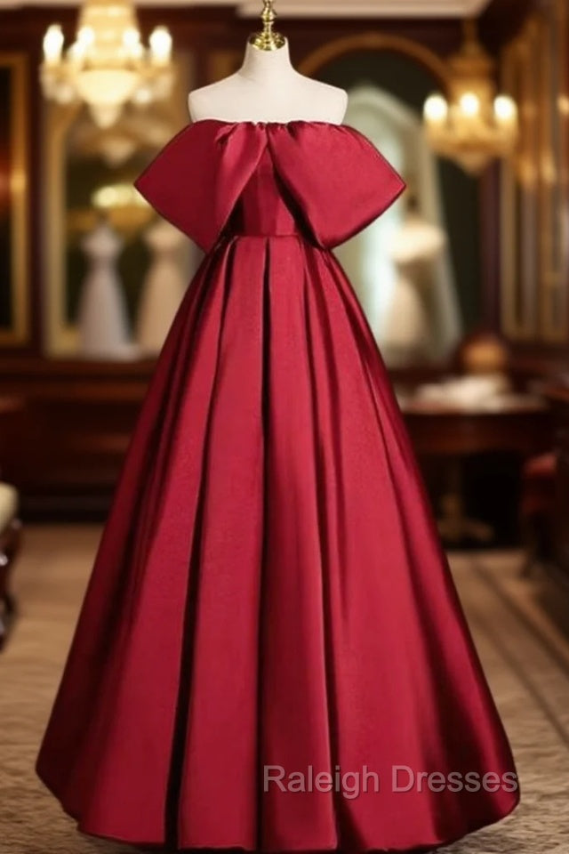 Adorable Burgundy Satin Off the Shoulder Prom Dress Main image