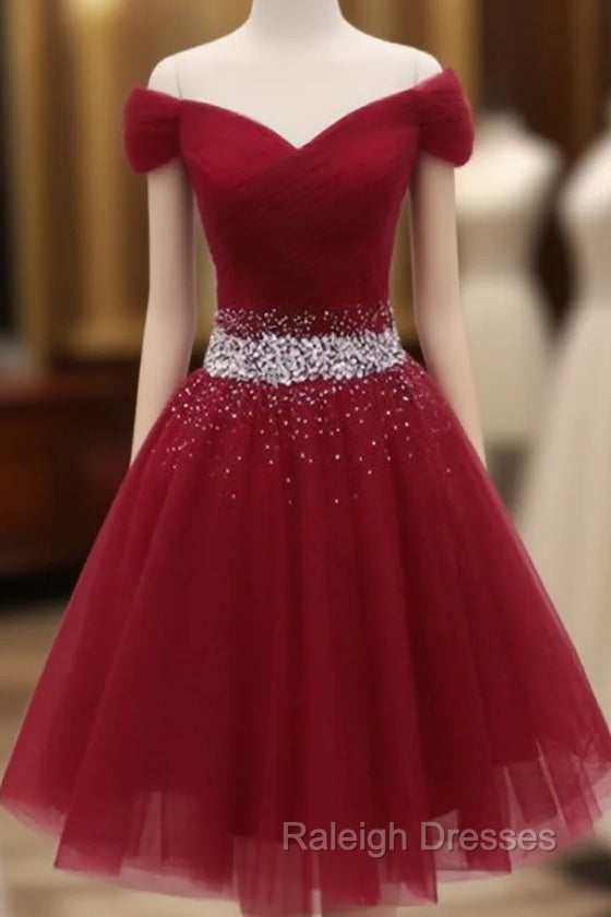 Adorable Dark Red Homecoming Dress , Tulle Off the Shoulder Party Dress Main image
