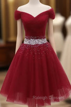 Adorable Dark Red Homecoming Dress , Tulle Off the Shoulder Party Dress
