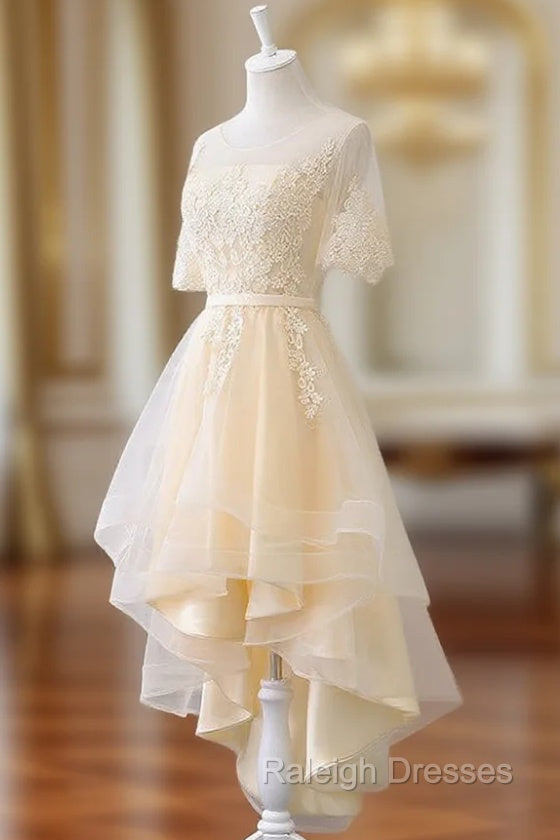 Adorable Light Champagne High Low Prom Dresses with Lace Applique Short Homecoming Dresses