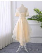 Adorable Light Champagne High Low Prom Dresses with Lace Applique Short Homecoming Dresses
