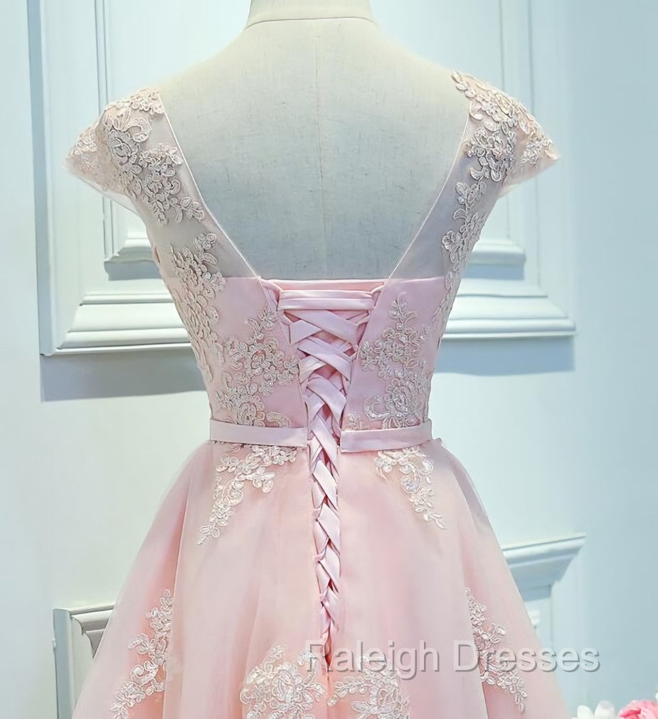 Adorable Pink Knee Length Prom Dress, Lace Applique Cute Homecoming Dress