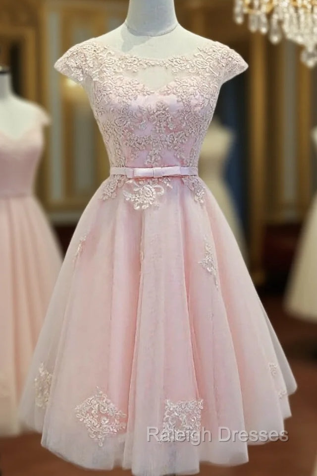 Adorable Pink Knee Length Prom Dress, Lace Applique Cute Homecoming Dress Main image