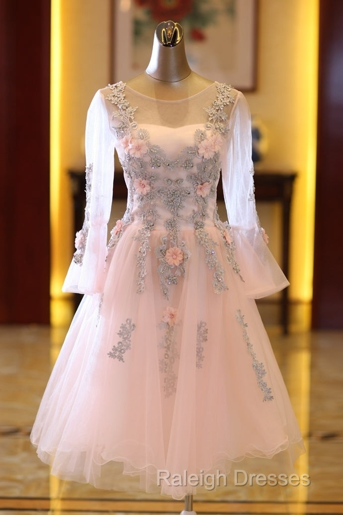 Adorable Pink Tulle Knee Length Long Sleeves Prom Dresses Pink Homecoming Dresses