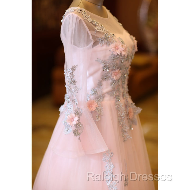 Adorable Pink Tulle Knee Length Long Sleeves Prom Dresses Pink Homecoming Dresses