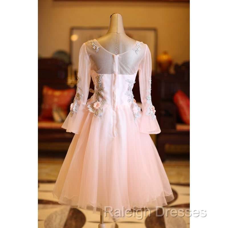 Adorable Pink Tulle Knee Length Long Sleeves Prom Dresses Pink Homecoming Dresses