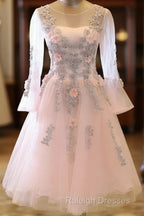 Adorable Pink Tulle Knee Length Long Sleeves Prom Dresses Pink Homecoming Dresses