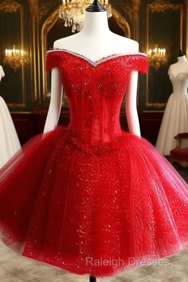Adorable Red Sweetheart Shiny Tulle Off Shoulder Short Homecoming Dress, Red Party Dress Main image