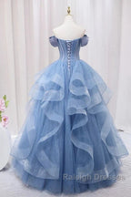 Adult Dress A-Line Blue Sheer Long Ball Dress Blue Sweet Dress Off Shoulder Prom Dresses