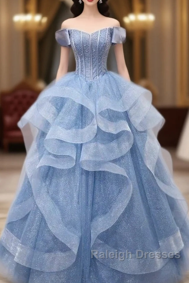 Adult Dress A-Line Blue Sheer Long Ball Dress Blue Sweet Dress Off Shoulder Prom Dresses Main image