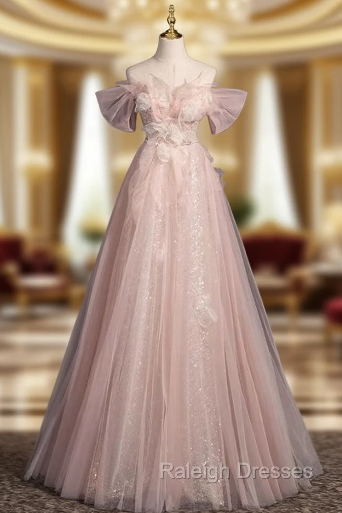 Advanced Pink Tulle Sequins Off the Shoulder Prom Dress
