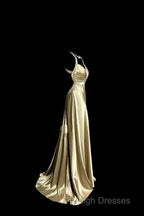 Aesthetic A Line Halter Neckline Champagne Satin Prom Dress Ruffle Long Party Dress