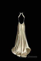 Aesthetic A Line Halter Neckline Champagne Satin Prom Dress Ruffle Long Party Dress