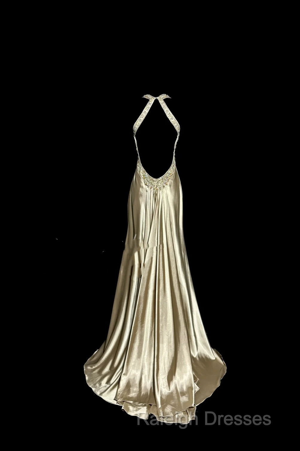 Aesthetic A Line Halter Neckline Champagne Satin Prom Dress Ruffle Long Party Dress