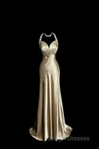 Aesthetic A Line Halter Neckline Champagne Satin Prom Dress Ruffle Long Party Dress