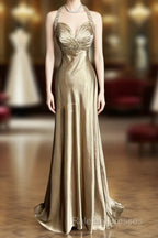 Aesthetic A Line Halter Neckline Champagne Satin Prom Dress Ruffle Long Party Dress