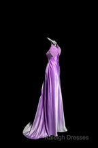 Aesthetic A Line Halter Neckline Lilac Satin Prom Dress Ruffle Long Party Dress