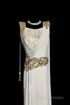 Aesthetic A Line Square Neckline White Chiffon Prom Dress Ruffle Long Party Dress