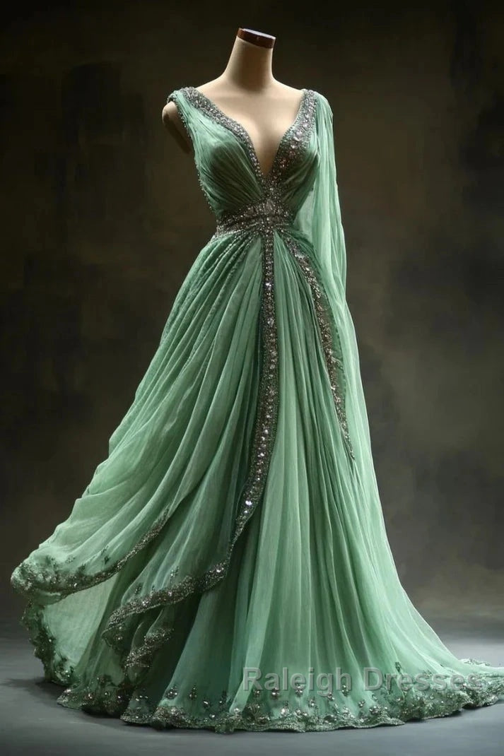 Aesthetic A-Line V Neckline Green Tulle  Long Prom Dress Sweet Beaded Evening Dress Secondary image