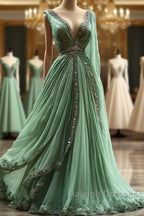 Aesthetic A-Line V Neckline Green Tulle  Long Prom Dress Sweet Beaded Evening Dress