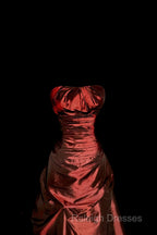 Aesthetic Ball Gown Strapless Burgundy Taffeta Prom Dress Ruffle Long Party Dress