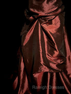 Aesthetic Ball Gown Strapless Burgundy Taffeta Prom Dress Ruffle Long Party Dress