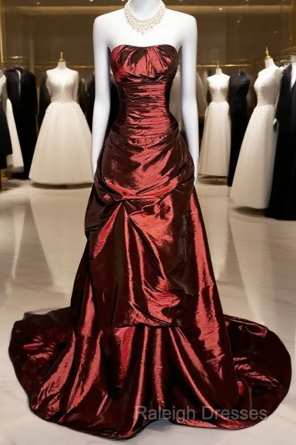 Aesthetic Ball Gown Strapless Burgundy Taffeta Prom Dress Ruffle Long Party Dress Main image