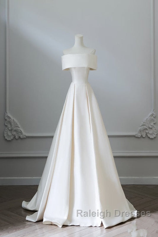 Aesthetic Ball Gown Strapless Ivory Satin Long Wedding Dresses Brides Dress