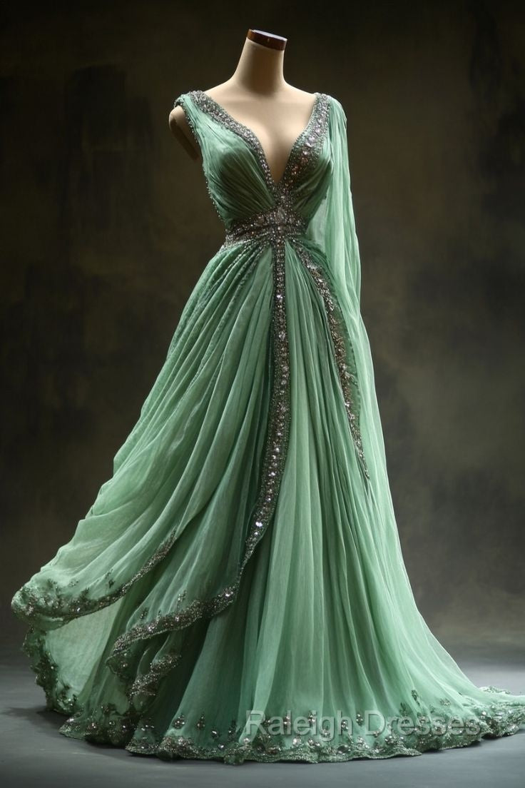 Aesthetic Ball Gown V Neckline Green Tulle Party Dress Long Prom Dresses Evening Dresses Secondary image