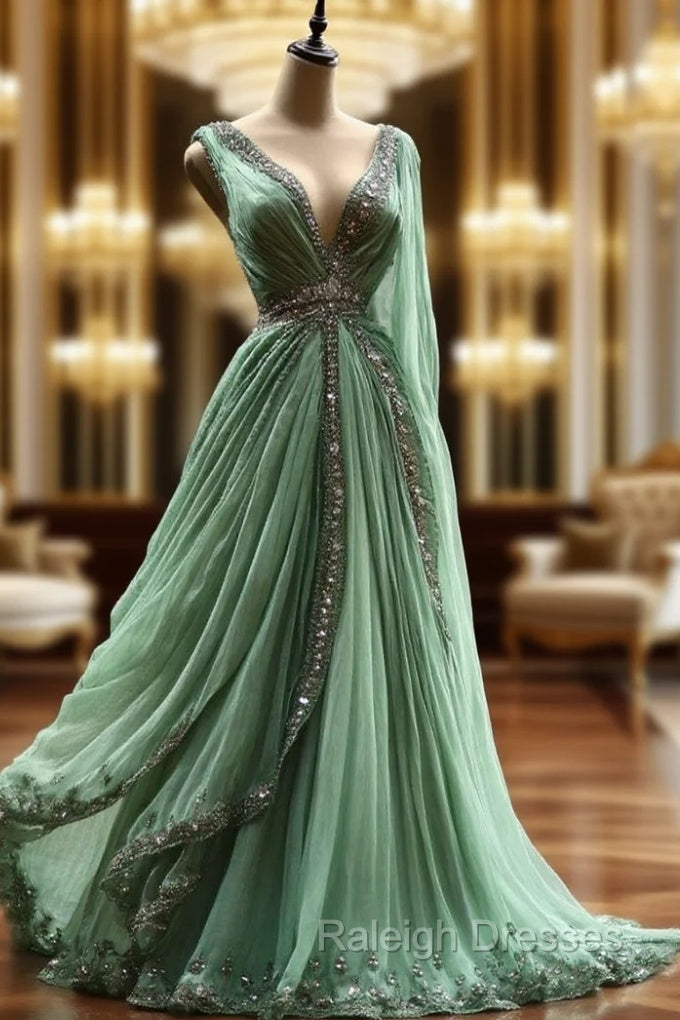 Aesthetic Ball Gown V Neckline Green Tulle Party Dress Long Prom Dresses Evening Dresses Main image