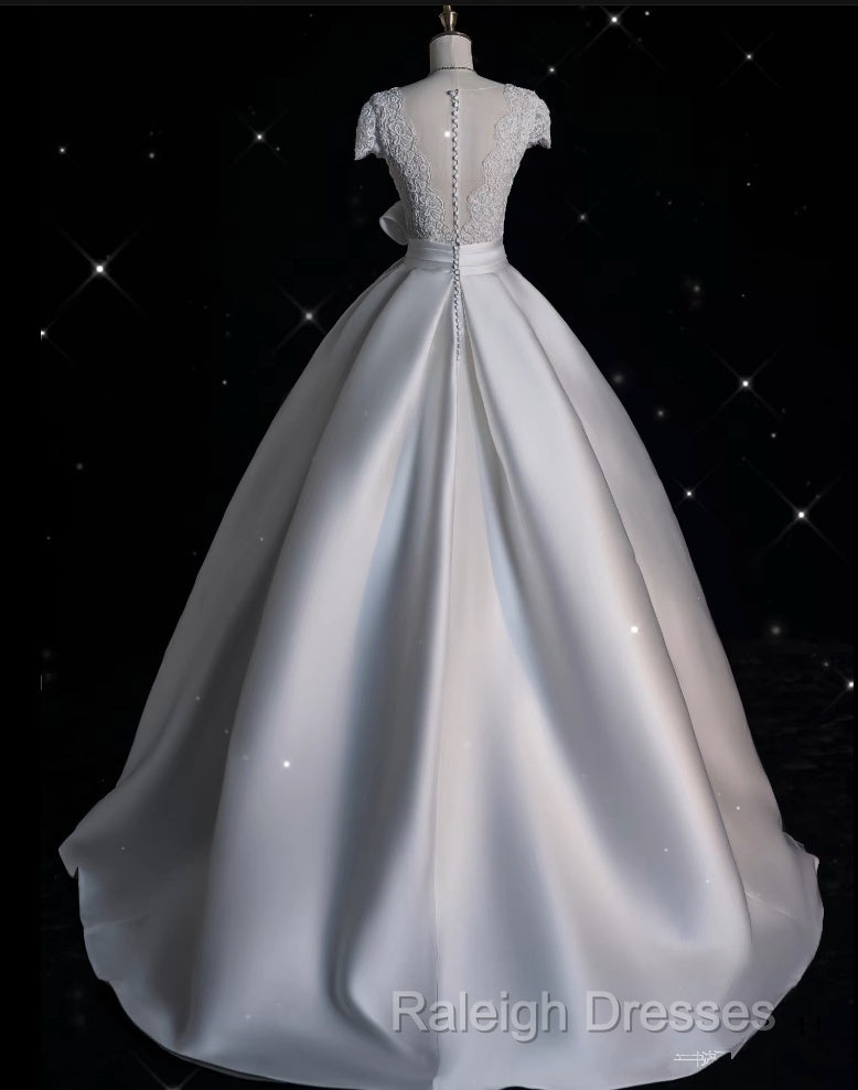 Aesthetic Ball Gown V Neckline Satin White Long Wedding Dress Brides Dresses Secondary image