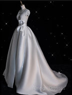Aesthetic Ball Gown V Neckline Satin White Long Wedding Dresses Brides Dress