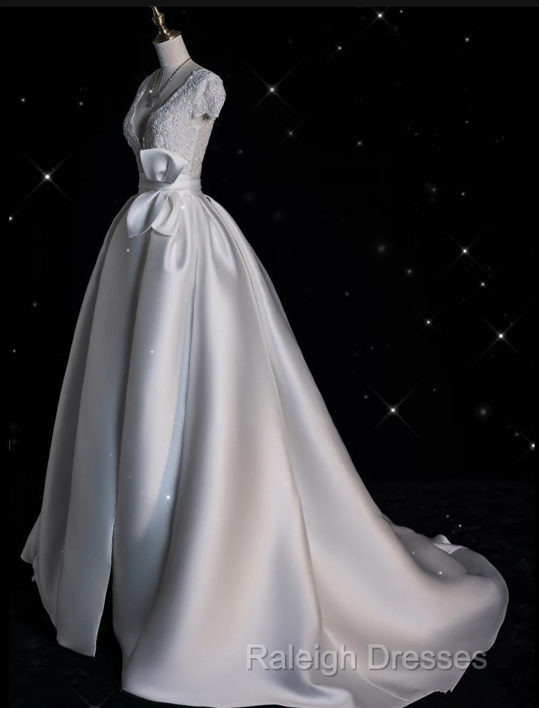 Aesthetic Ball Gown V Neckline Satin White Long Wedding Dress Brides Dresses