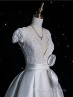 Aesthetic Ball Gown V Neckline Satin White Long Wedding Dress Brides Dresses