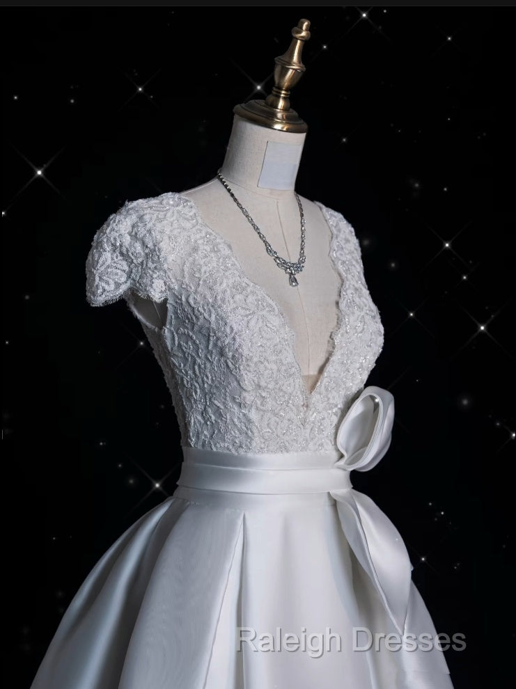 Aesthetic Ball Gown V Neckline Satin White Long Wedding Dress Brides Dresses