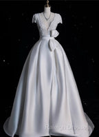 Aesthetic Ball Gown V Neckline Satin White Long Wedding Dress Brides Dresses