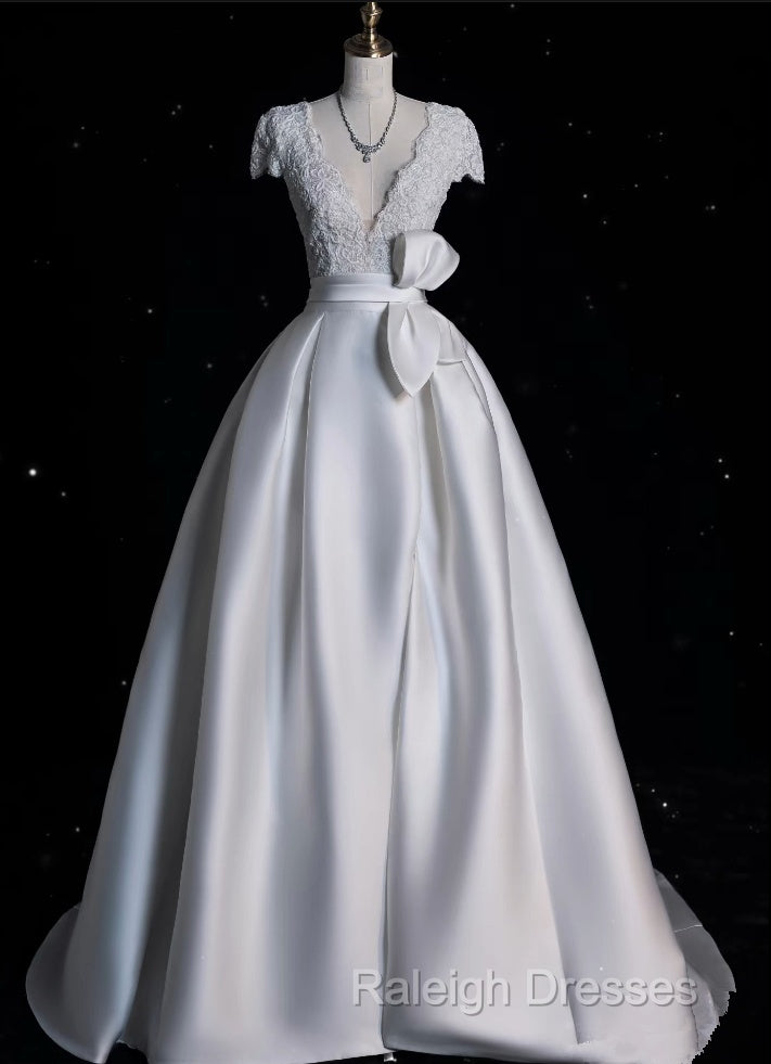 Aesthetic Ball Gown V Neckline Satin White Long Wedding Dress Brides Dresses