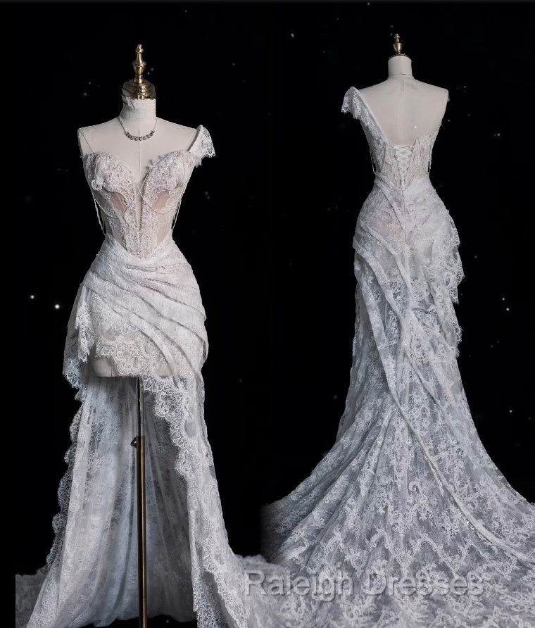Aesthetic High Low One Shoulder Lace White Long Wedding Dress