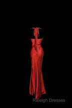 Aesthetic Mermaid Halter Neckline Red Satin Prom Dress Ruffle Long Party Dress