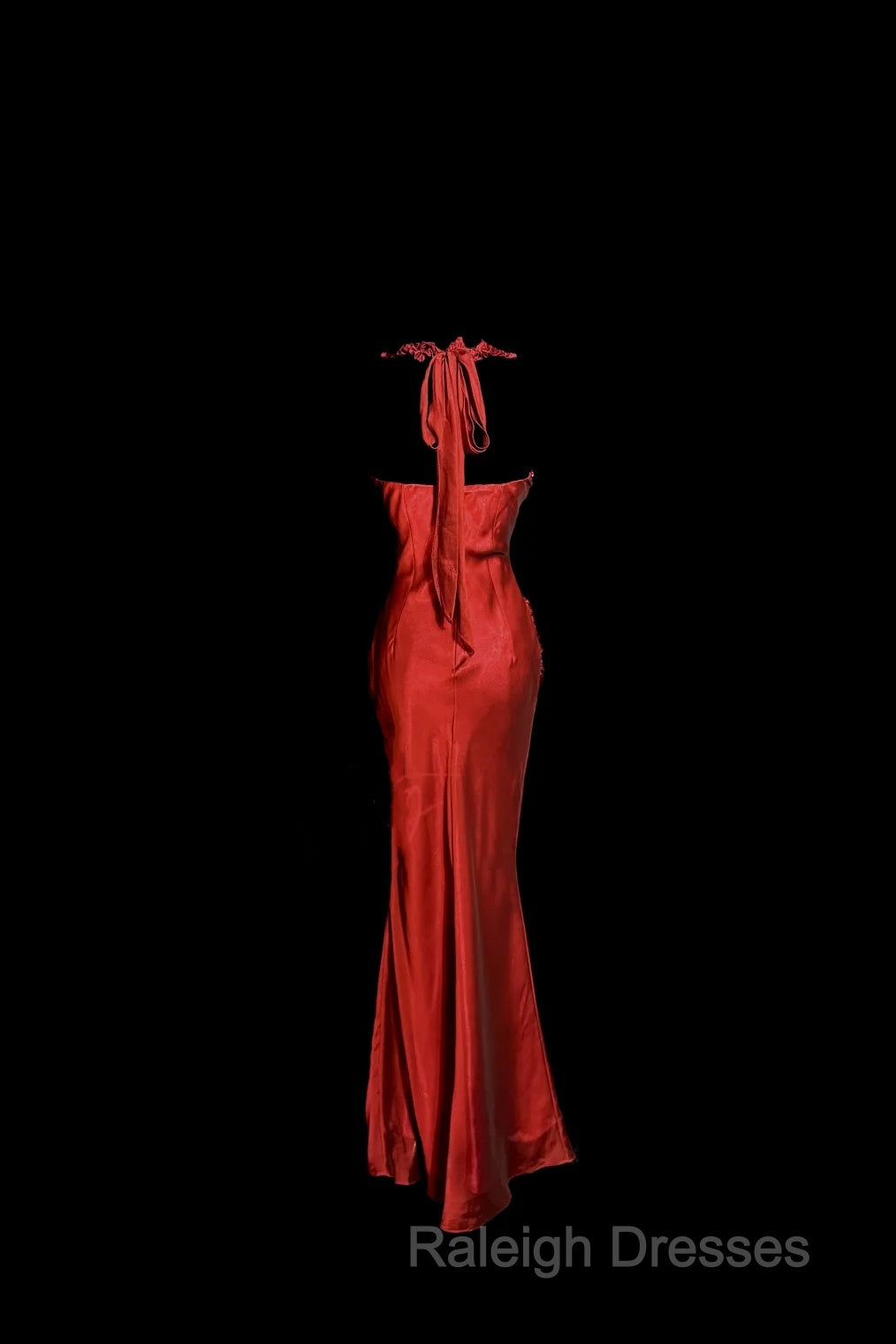 Aesthetic Mermaid Halter Neckline Red Satin Prom Dress Ruffle Long Party Dress