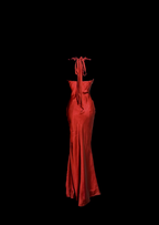 Aesthetic Mermaid Halter Neckline Red Satin Prom Dresses Ruffle Long Prom Dresses