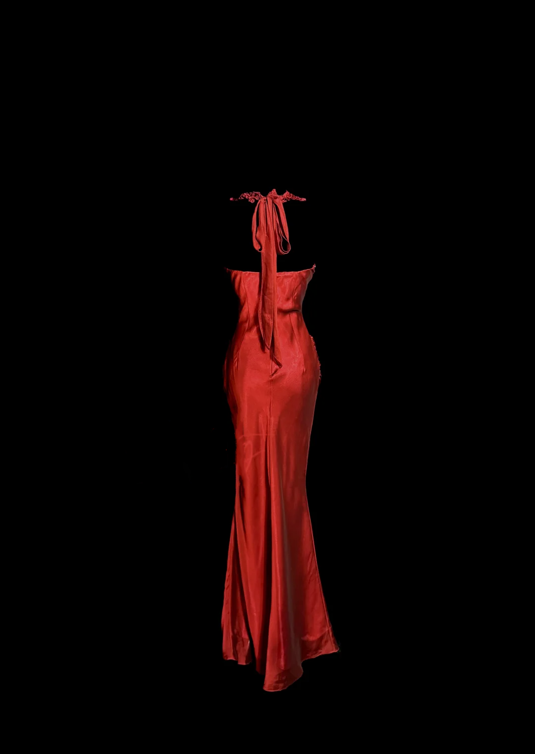 Aesthetic Mermaid Halter Neckline Red Satin Prom Dresses Ruffle Long Prom Dresses