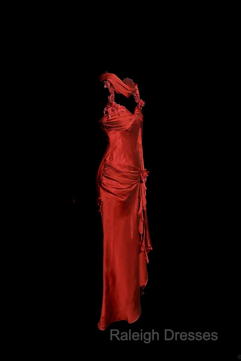 Aesthetic Mermaid Halter Neckline Red Satin Prom Dresses Ruffle Long Prom Dresses