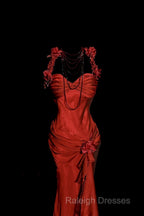 Aesthetic Mermaid Halter Neckline Red Satin Prom Dresses Ruffle Long Prom Dresses