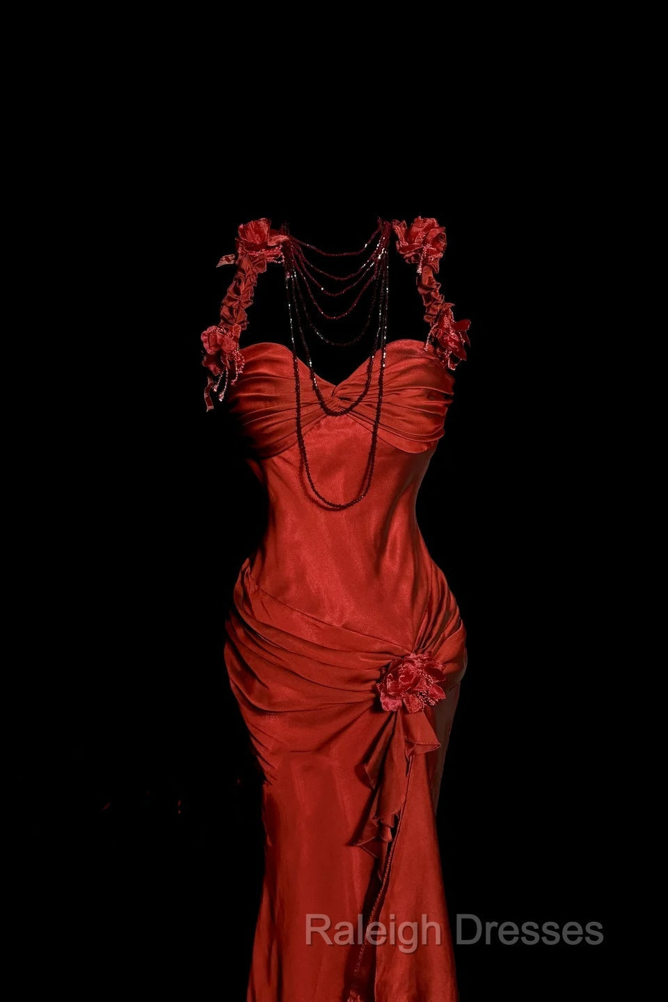 Aesthetic Mermaid Halter Neckline Red Satin Prom Dresses Ruffle Long Prom Dresses