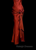 Aesthetic Mermaid Halter Neckline Red Satin Prom Dresses Ruffle Long Prom Dresses
