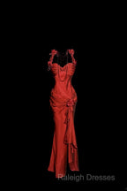 Aesthetic Mermaid Halter Neckline Red Satin Prom Dress Ruffle Long Party Dress