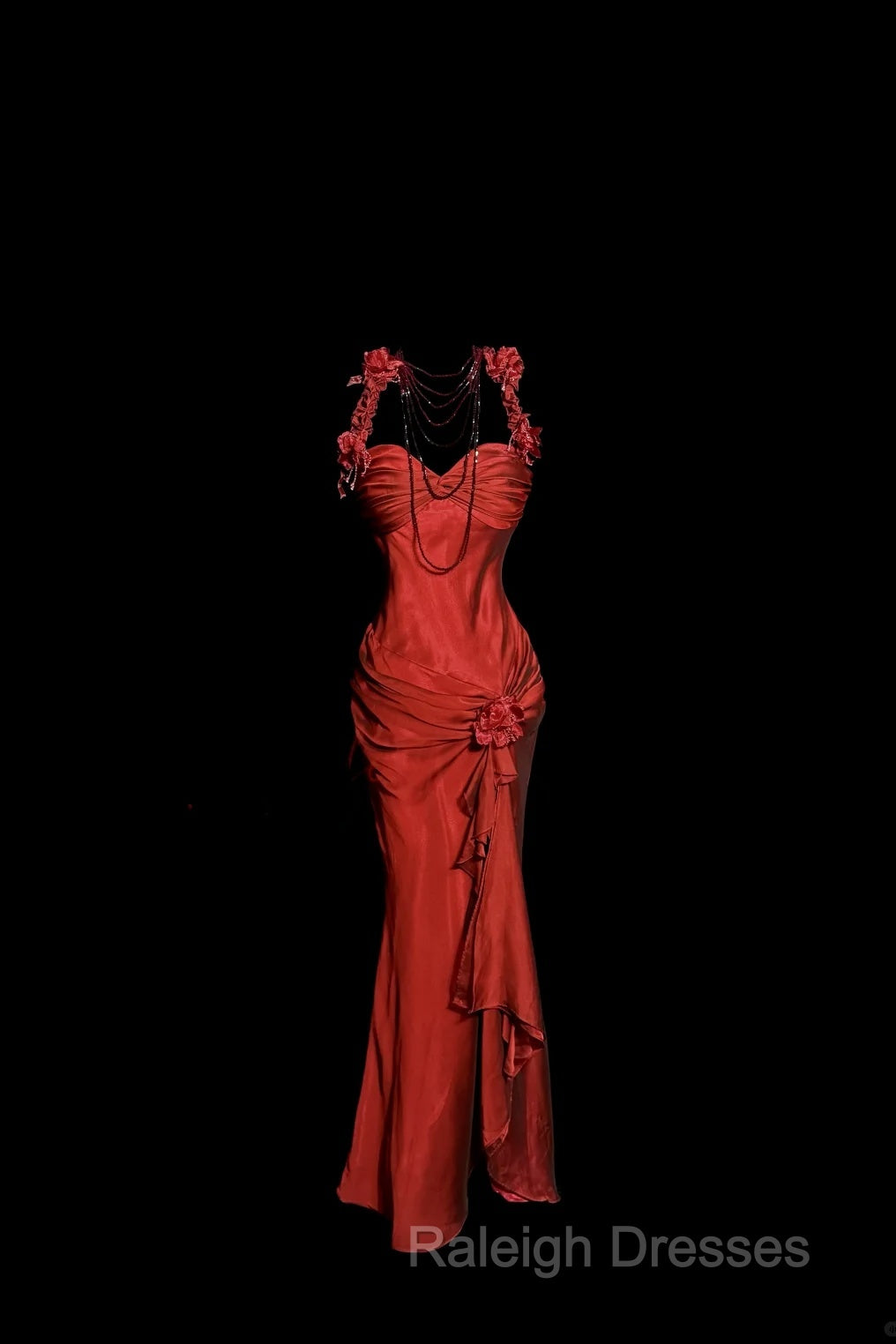 Aesthetic Mermaid Halter Neckline Red Satin Prom Dress Ruffle Long Party Dress